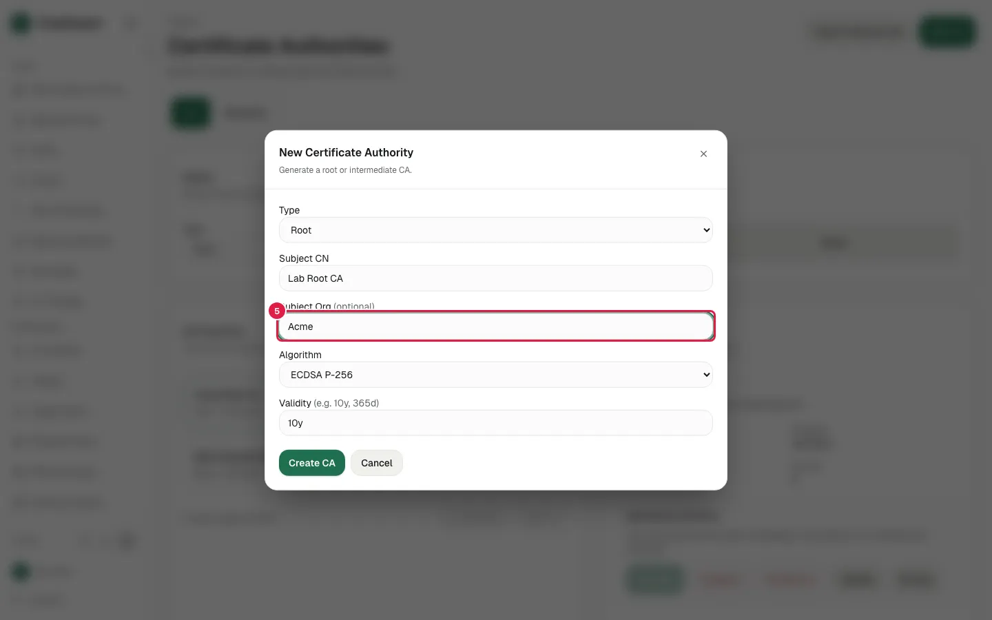 Fill Subject Org with "Acme"